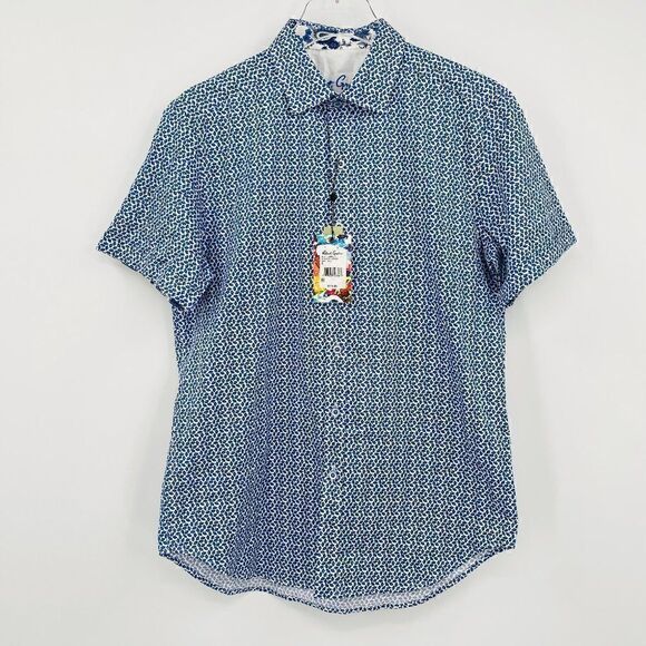 NWT Robert Graham Size Small Blue White Geometric Print Short Sleeve Button Down - Picture 1 of 9